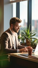 Wall Mural - Businessman working on laptop in modern office