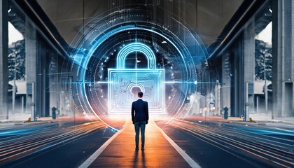 Cyber security network and data protection technology on interface. Ai security, Block chain