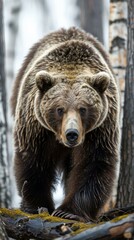 Wall Mural - Large brown bear walking in the forest