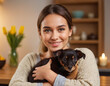 © pecherskiydotkz - A panoramic view featuring a young woman happily hugging her new pet that is gazing directly into the camera