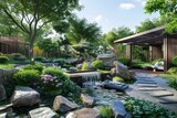 Fototapeta  - A beautiful garden with a waterfall and a pavilion