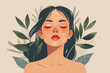 © Sergio - A female model is shown with her eyes closed, surrounded by various green leaves. Femininity, self-care, natural female beauty