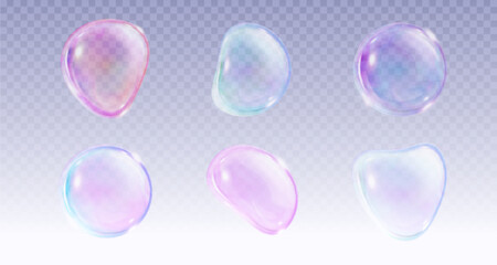 Wall Mural - transparent soap ball with pink, blue and purple iridescent gradient color. realistic 3d vector illu