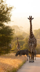giraffe, and zebra crossing the road at sunrise