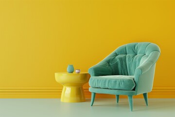 A colorful chair sits in front of a colorful wall