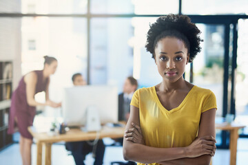 Wall Mural - young creative, portrait and black woman in office for collaboration, confident and marketing resear