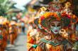 Colorful traditional parade with masked performer in focus