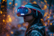 Woman experiencing advanced virtual reality amidst glowing lights