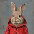 A painting of a rabbit wearing a red raincoat.