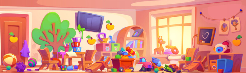 Messy kid classroom or nursery room with toy for children background. Preschool or kindergarden house chaos interior for playground illustration. Tv, desk and chair kindergarten furniture design