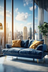 Wall Mural - Blue velvet sofa in a modern living room with a view of the city