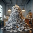 A large pile of paper in the middle of an office.