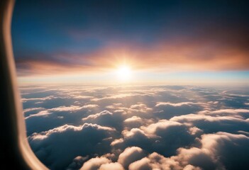 Wall Mural - 'sky heavenly windows seen airplane fly see jet air view wing high blue white cloud light frame float plane cabin glasses travel engine fluffy heaven window sunset flight sunrise holiday carrier'