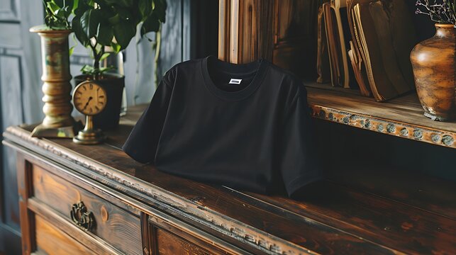 A black T-shirt artfully placed on a vintage wooden dresser, adding a touch of refinement to the rustic charm