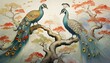 Kolorowe pawie siedzące na gałęzi drzewa. Orientalna, egzotyczna tapeta, grafika