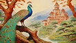 Kolorowe pawie siedzące na gałęzi drzewa. W tle ogród. Orientalna, egzotyczna tapeta, grafika