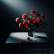 A vase of red poppies sits on a table with a black background.