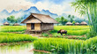 Wooden hut in country side admidst a green rice field, watercolor painting style, generative AI.