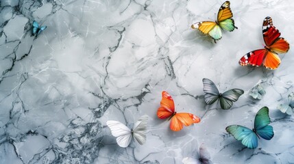 Wall Mural - Colorful butterflies on a marble background with copy space for text