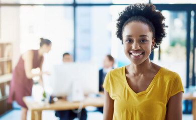 Wall Mural - smiling, portrait and black woman in office for collaboration, proud and marketing research in works