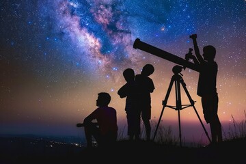 A family gathered around a telescope, silhouetted against the glow of the Milky Way as they explore the mysteries of the universe together, Generative AI