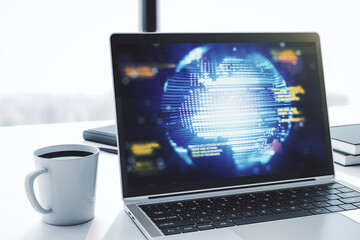 Wall Mural - modern computer display with abstract software development hologram and world map, global research a