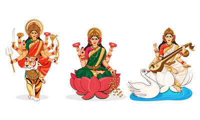 Illustration of Hindu Goddesses Saraswati, Durga, and Lakshmi for Dussehra, Diwali and Navratri Festivals on a white background.