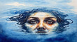 Strange woman's face floated on the surface of the water look like scary, watercolor painting style, generative AI.