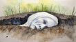 Strange pale human head rise on the surface of the ground look like scary, watercolor painting style, generative AI.