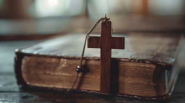 Closeup of a wooden cross on an open Bible