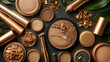 Set of golden cosmetic products on dark green background