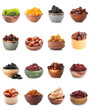 Set of different dried fruits on white background