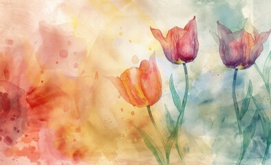 Wall Mural - watercolor painting of tulips on a cream background