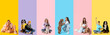 Group of people with their cute dogs on color background