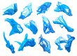 Set of flying blue fabric on white background