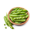 Green peas vegetables in wooden plate on white backgrounds
