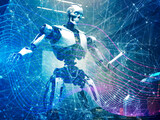 Fototapeta  - Robot or cyborg. Electronic robotic humanoid machine. Future cybernetic artificial intelligence technology. Futuristic character