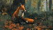 © Lal - A fox playing a stealth-based video game in a forest, using a controller made of sticks and leaves.