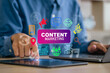 Content marketing concept. Content creator using tablet and computer for Containing seo, content, website, e-commerce, social media, AI, sales and online advertising, ads.