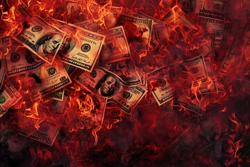 a powerful and evocative image of a large pile of US dollar bills engulfed in intense flames