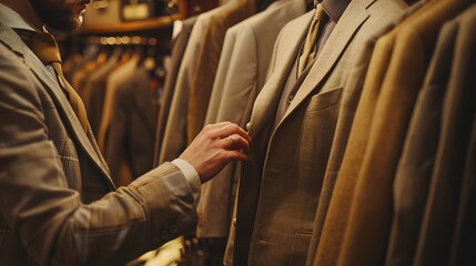 a well-dressed man in a suit shop browsing through a selection of elegant suits on hangers