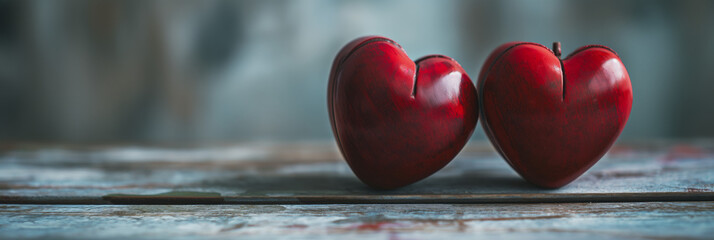 Two glossy red apples carved into heart shapes, symbolizing love and health, presented on a rustic blue-toned wooden table