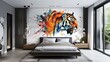 A detailed watercolor splash art of a powerful tiger, its stripes painted in vivid colors, dominating the wall of a spacious master bedroom in a modern luxury home.