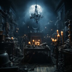 A dark and dusty room with a high ceiling. There is a large table in the center of the room, covered in candles and strange objects. The walls are lined with shelves, filled with books and other curio