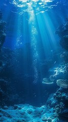 Wall Mural - A deep blue ocean with sunlight shining through the water