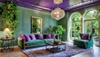 Wohnzimmer in grün und lila