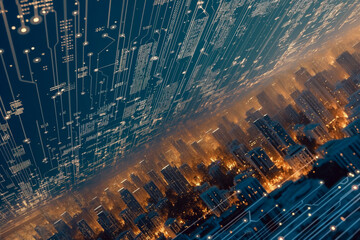 Wall Mural - Aerial view of surreal night cityscape made by electronics circuit board with glowing light in concept technology, A.I., AI, digital, energy.