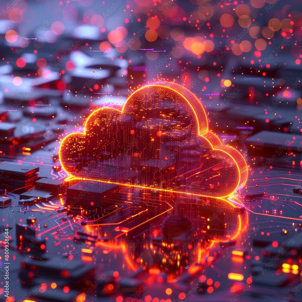 A 3D cloud computing icon glows on a reflective surface with digital ...