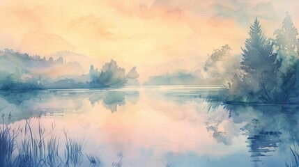 Serene watercolor of a gentle lake at dawn, soft pastel colors reflecting tranquility and peace, ideal for a healing environment