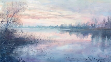 Wall Mural - Serene watercolor of a gentle lake at dawn, soft pastel colors reflecting tranquility and peace, ideal for a healing environment